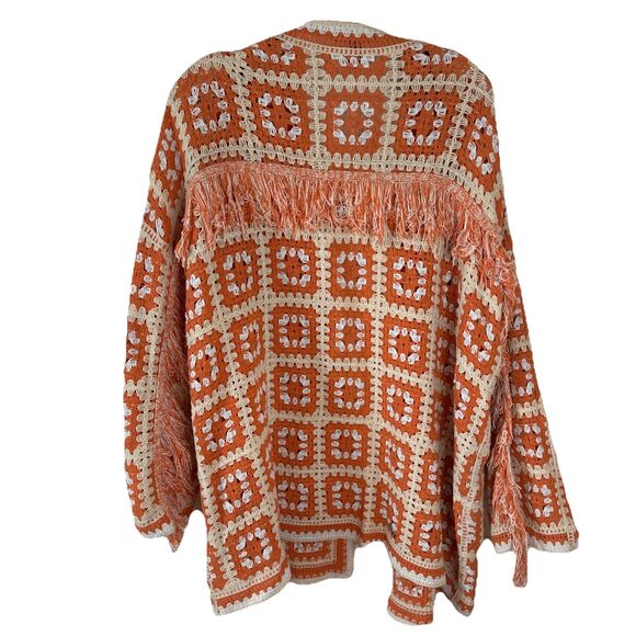 Forever 21 Crochet Design Open Front Cardigan M/L Cottagecore Fringe Boho - Picture 2 of 5